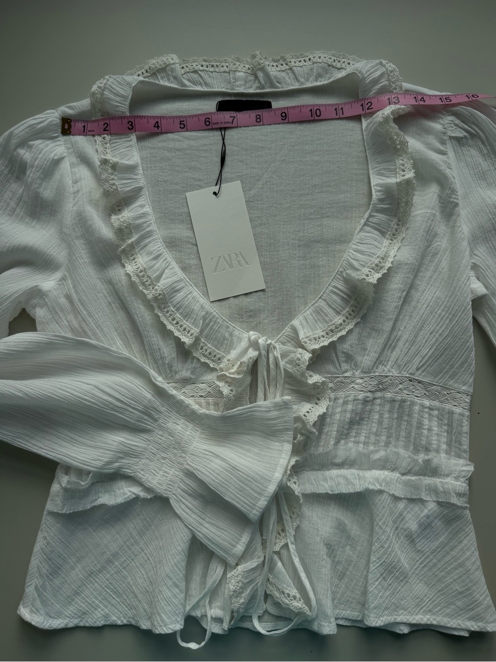 NWT Zara Chiffon Embroidered Ruffle Shirt Oyster White M - Picture 6 of 10